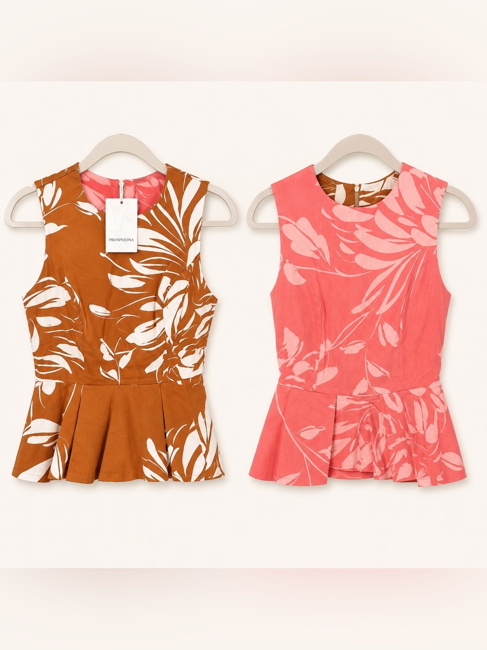 Prosperina Reversible Sleeveless Peplum Top Brown Pink Tropical Print Size M NWT
